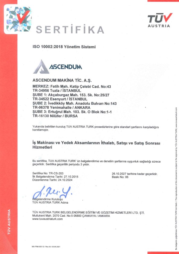 İş Makinası ve Yedek Aksamlarının Satışı, İthalatı ve Satış Sonrası Hizmetleri ISO 10002:2014 İş Makinası ve Yedek Aksamlarının Satışı, İthalatı ve Satış Sonrası Hizmetleri