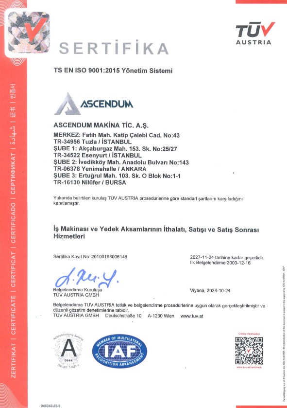 ISO 9001:2015 İş Makinası ve Yedek Aksamlarının Satışı, İthalatı ve Satış Sonrası Hizmetleri